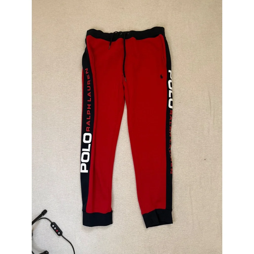 Polo Ralph Lauren Joggers Mens M Red Black Spell Out Graphic Sweatpants